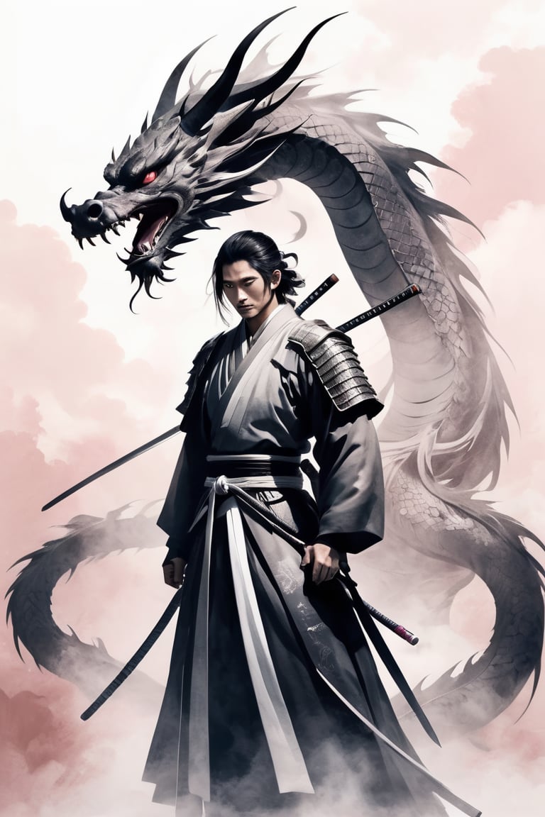 masterpiece drawing in a soft pink hue. A stunning and minimalist ink wash illustration of a samurai standing defiantly in front of a magnificent dragon. The samurai wears traditional armor, and his face is hidden behind a ritualistic mask. The dragon, with a fierce gaze, is portrayed with elegant strokes, using light white and dark gray tones. The background is simple and evokes a feeling of tranquility. The artwork is reminiscent of gongbi painting techniques, combining elements of witchcore and conceptual art, resulting in a breathtaking masterpiece.