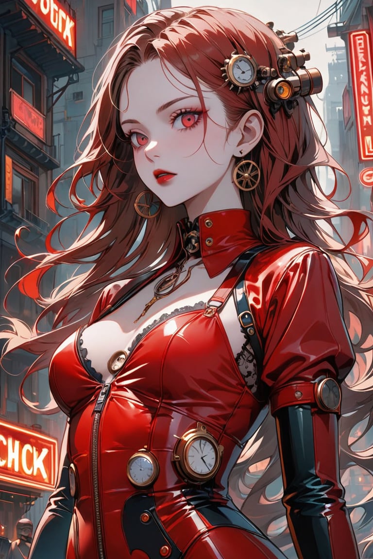 A stunning cinematic illustration of a steampunk vampire girl,  with a blend of dieselpunk,  cyberpunk by AdonisKobi on Te...