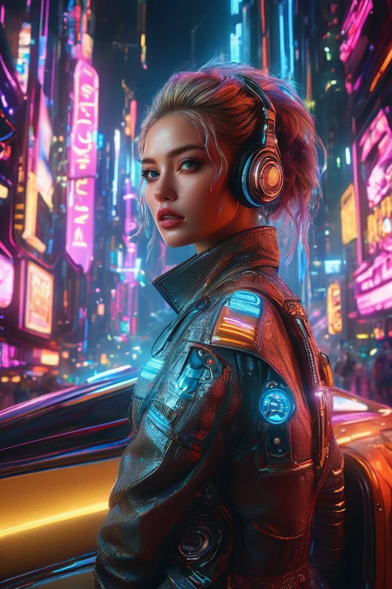 ((masterpiece)), ((best quality)), (((photo Realistic))), (portrait photo), (8k, RAW photo, best quality, masterpiece:1.2), (realistic, photo-realistic:1.3). The female cyberpunk passenger, dressed in a stylish, form-fitting outfit with high-tech elements and cyber art accents, sits confidently in the flying cab. Gravitaxi, the flying taxi, soared through a neon-lit cyberpunk cityscape. The background reveals a daring and vibrant cityscape, with towering skyscrapers and a dark, mysterious atmosphere. Holographic advertisements add to the futuristic, immersive setting, creating an overall ambiance that perfectly encapsulates the essence of a cyberpunk world. Masterpiece movie poster.