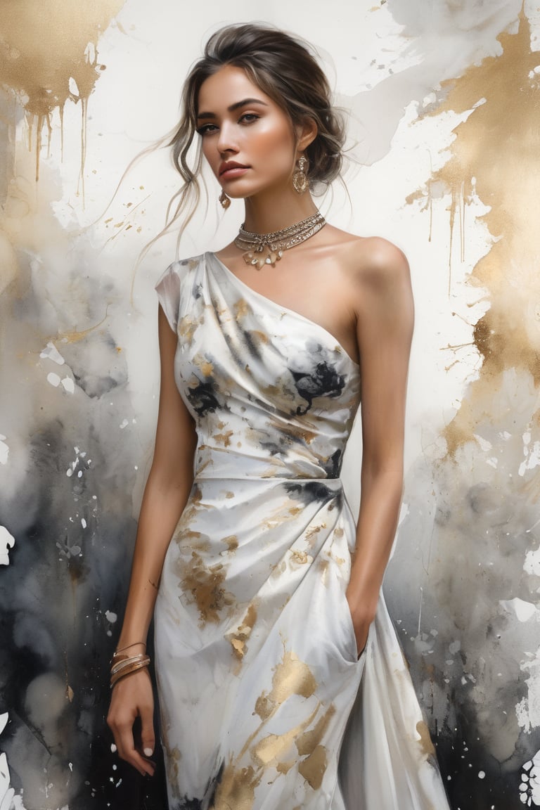 hyperrealistic,  a masterpiece painting,  A mesmerizing watercolor wash illustration featuring a stunning young woman stan...