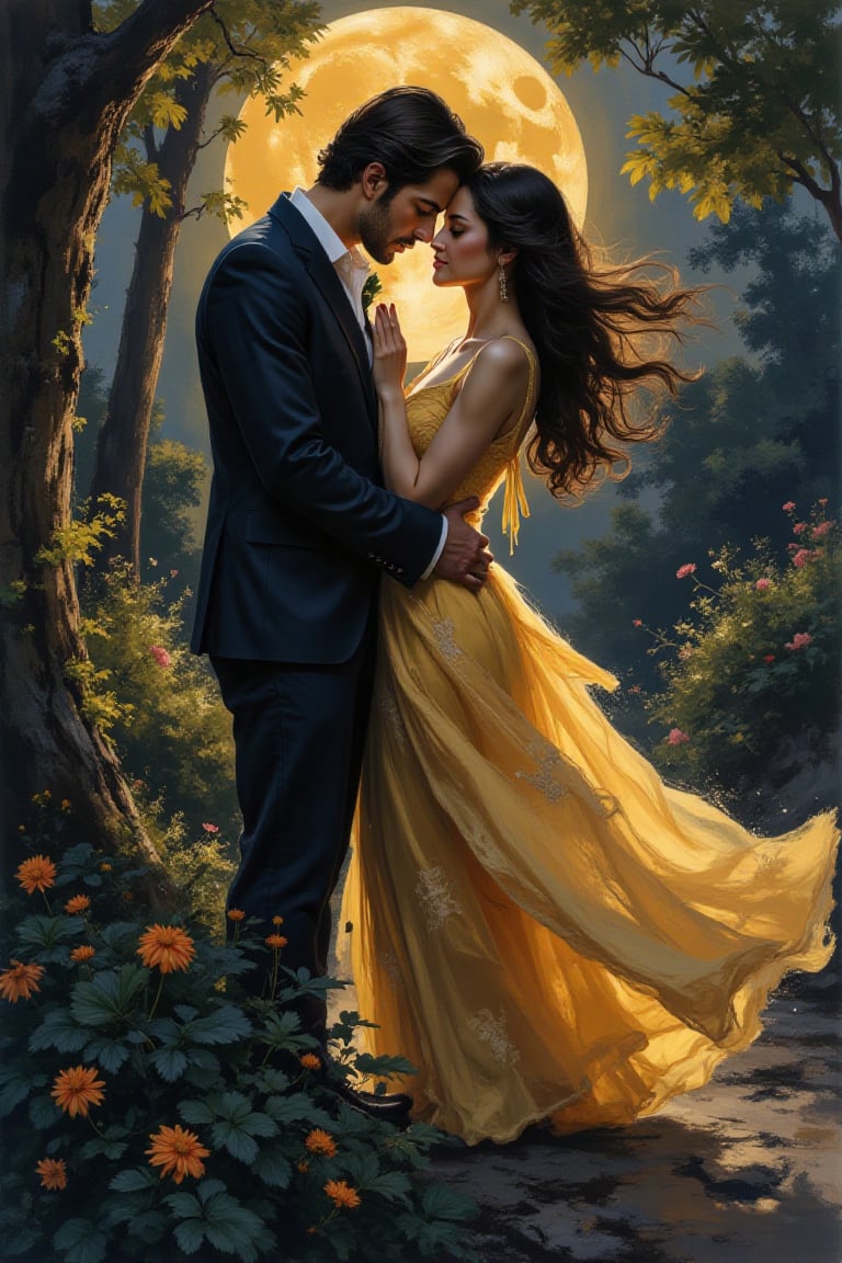 Portrait art, splash art, creative artwork, Eden garden, forbidden love, passionate embrace between two lovers, their bodies intertwined in a beautiful dance of love. The moon's soft glow illuminates their faces, highlighting the intensity of their emotions. Rendered in a dreamy watercolor style, this illustration captures the essence of romance. The intricate details and vibrant colors bring to life the intense emotions of love and union between these two souls. The soft brushstrokes and warm colors convey the depth of their love and tranquility, The image is a stunning painting, rich in colors and meticulous brushstrokes. This portrait showcases lovers with a serene aura,