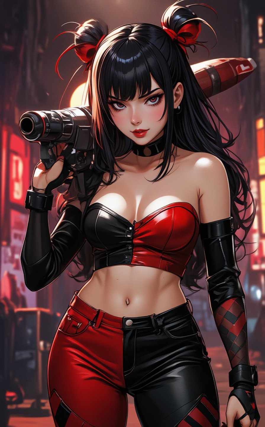 Ghibli studio anime style. Full body shot of Harley Quinn,  sexy pose in original Deadpool's costume,  carrying a huge roc...