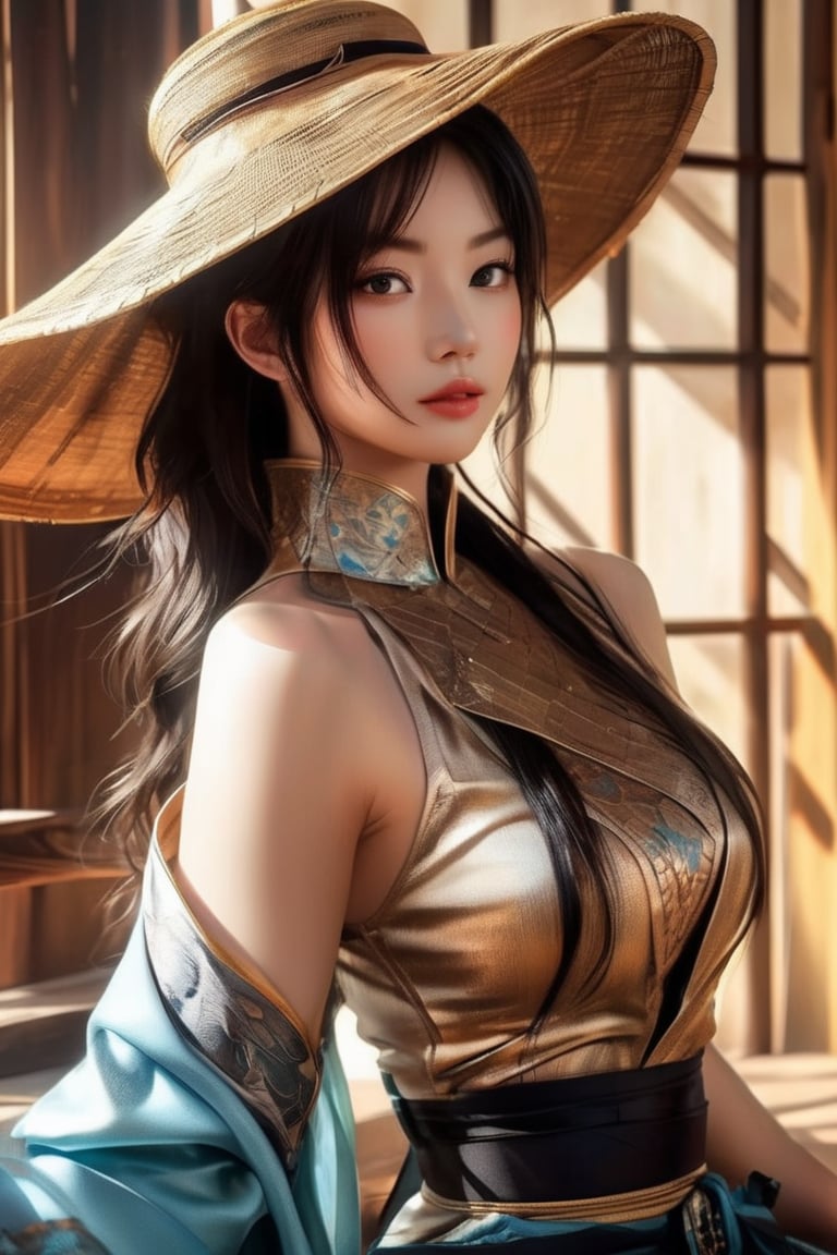 ((masterpiece)), ((best quality)), (((photo Realistic))), (portrait photo), (8k, RAW photo, best quality, masterpiece:1.2), (realistic, photo-realistic:1.3). A mysterious figure, a female sexy ninja assassin, seated on a wooden floor. The figure is wearing a traditional straw hat and is holding a weapon with hiper bioluminence glowing inscriptions. The background is full of ancient historical ambiance. The overall color palette is dominated by dark shades, with hints of blue and green, adding to the mystical aura of the scene.