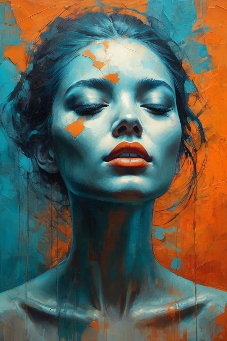 a mesmerizin stylized painting on torn paper. A blue colored woman with closed eyes,  in the style of Jarek Kubicki,  agai...