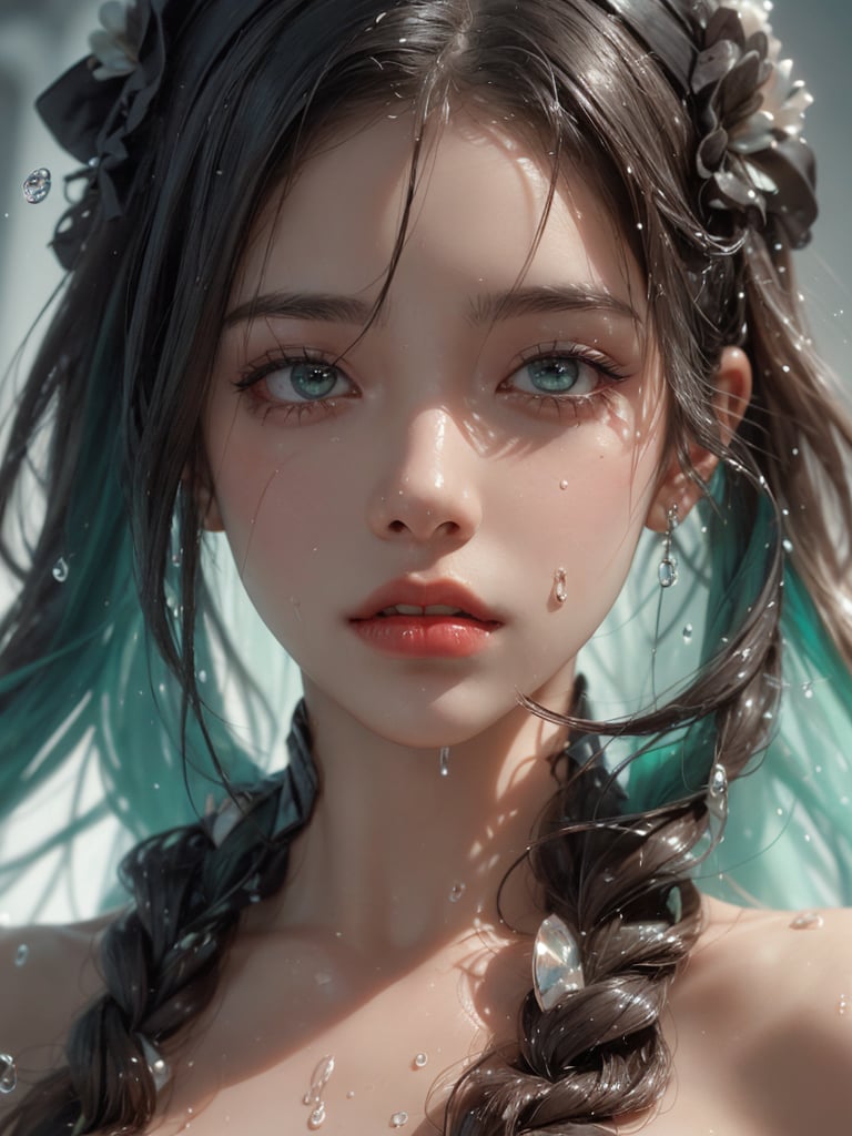A striking,  close-up portrait with a captivating focus on a young naked woman's face. The eye,  nose by AdonisKobi on Ten...