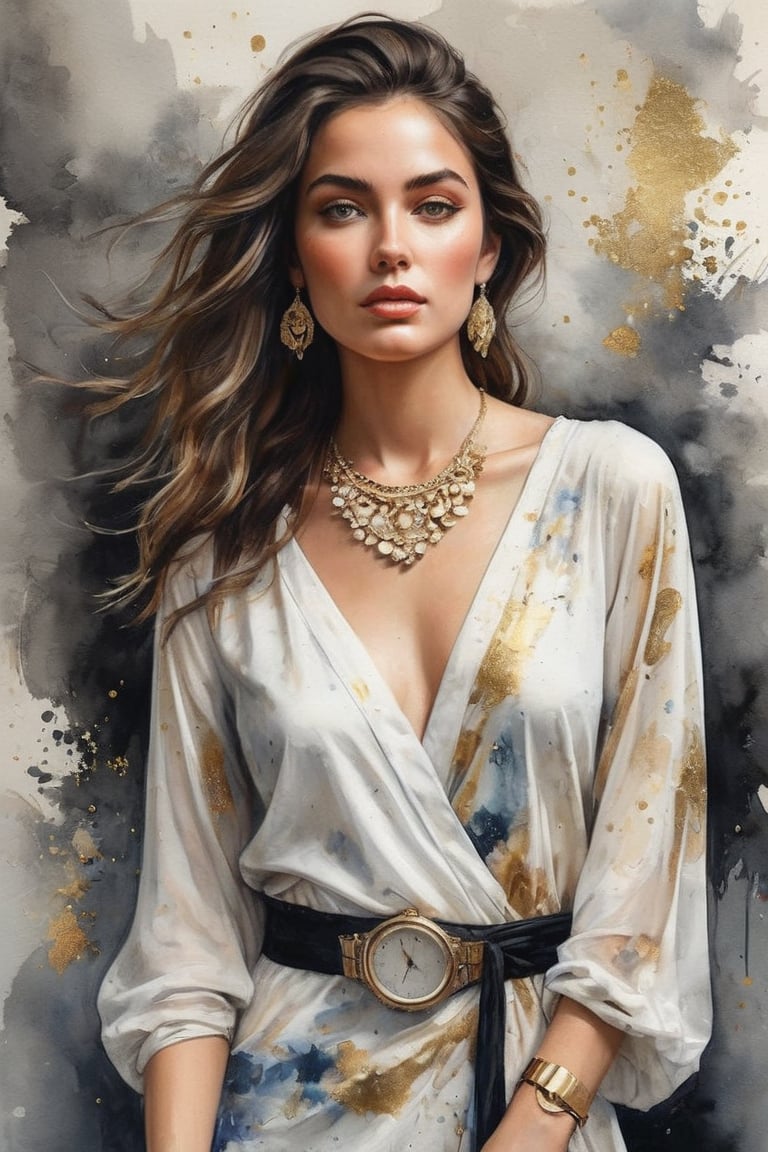 hyperrealistic,  a masterpiece painting,  A mesmerizing watercolor wash illustration featuring a stunning young woman stan...