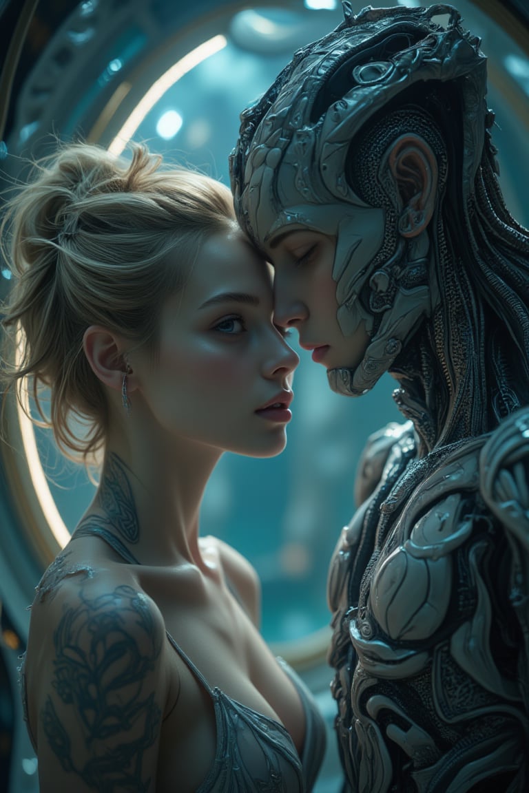 An alien male humanoid and a young woman merging together to create a new plane of existence,  their bodies transcending t...