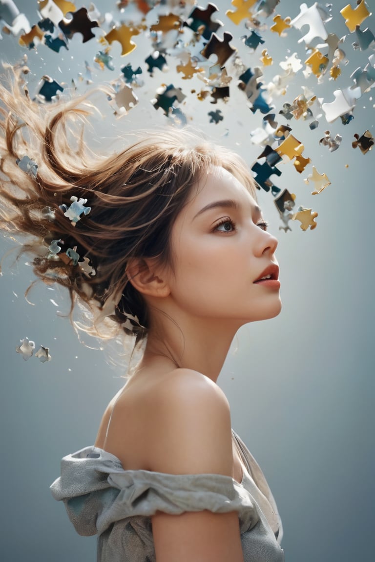 hyperrealistic, best quality, masterpiece, analog film photo, studio lighting. A commercial photography of a hyper-realistic digital artwork featuring a female model composed of puzzle pieces. The right side of her figure is artistically depicted as being blown away, scattering into the air. Her expression is serene, contrasting with the dynamic disassembly of her form. The pieces are finely detailed, each reflecting light uniquely, adding a sense of depth and complexity to the image. The color scheme of the artwork is subtle, with natural tones that emphasize the surreal yet delicate nature of the scene. 