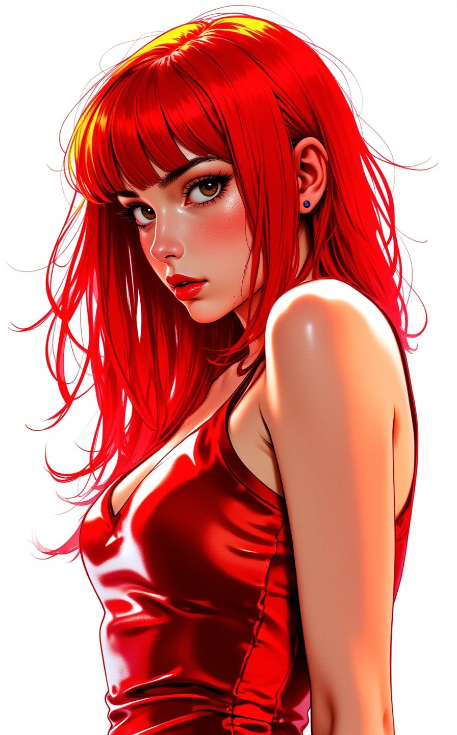 A striking stencil art portrait of a young sexy woman with very long fiery glowing red hair swirling in the wind. She is in a distinctive metallic red dress, featuring a circle pattern and bold stripes. Her intense gaze is directed to the right, lightly downwards, as if contemplating a secret. The stark white background highlights the intricate details of the stencil work, showcasing the artist's skill and precisionm