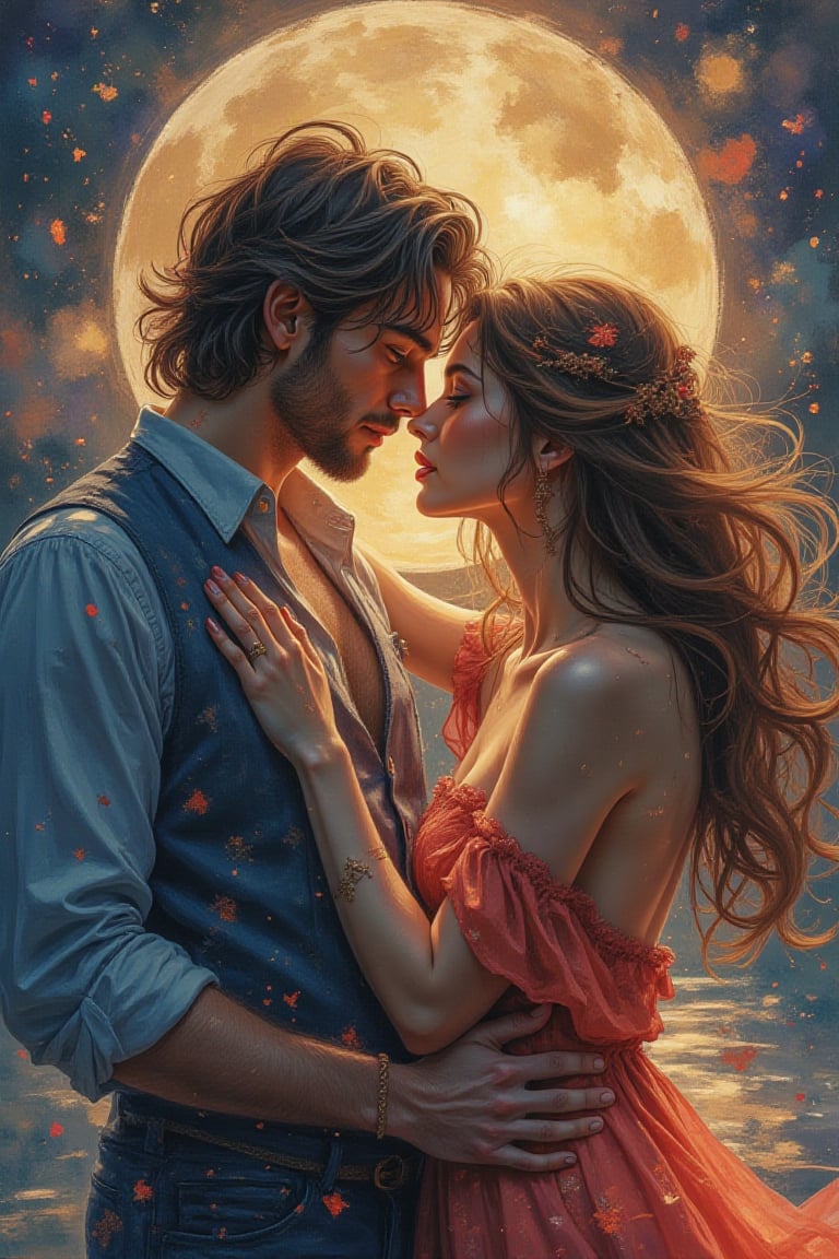 Portrait art, splash art, creative artwork, s passionate embrace between two lovers, their bodies intertwined in a beautiful dance of love. The moon's soft glow illuminates their faces, highlighting the intensity of their emotions. Rendered in a dreamy watercolor style, this illustration captures the essence of romance. The intricate details and vibrant colors bring to life the intense emotions of love and union between these two souls. The soft brushstrokes and warm colors convey the depth of their love and tranquility, The image is a stunning painting, rich in colors and meticulous brushstrokes. This portrait showcases lovers with a serene aura,