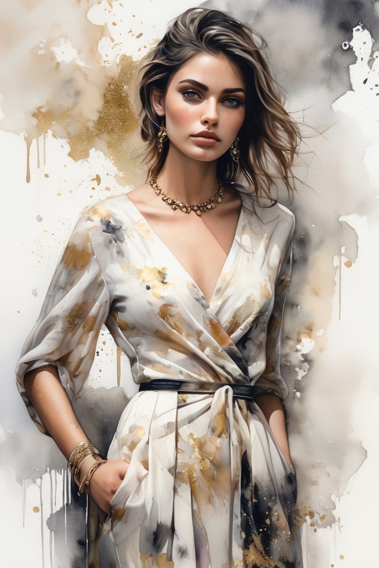 hyperrealistic,  a masterpiece painting,  A mesmerizing watercolor wash illustration featuring a stunning young woman stan...