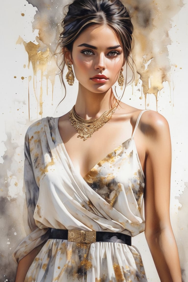 hyperrealistic,  a masterpiece painting,  A mesmerizing watercolor wash illustration featuring a stunning young woman stan...
