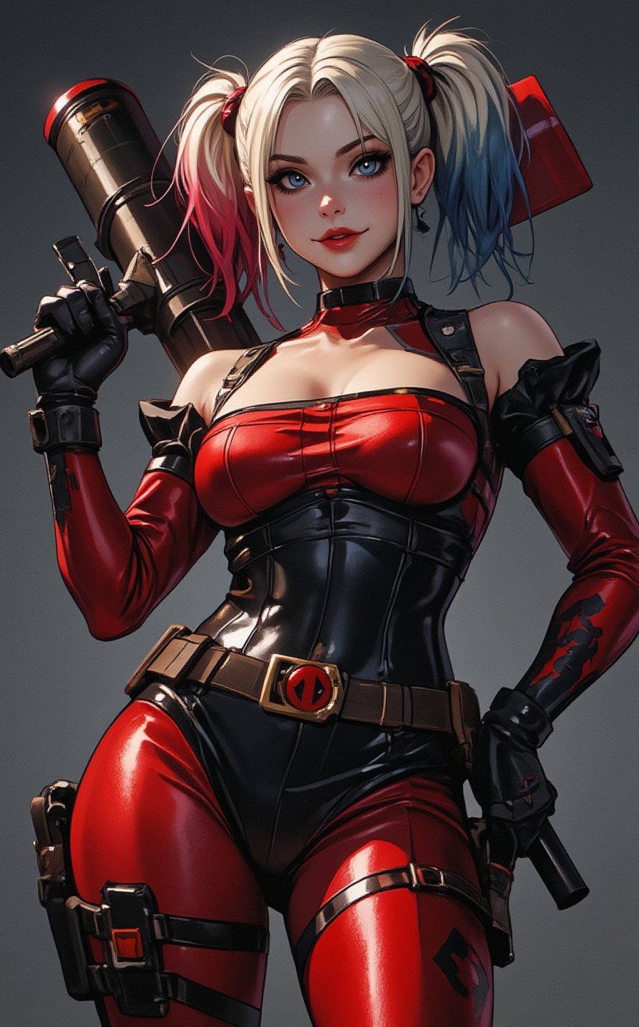 Ghibli studio anime style. Full body shot of Harley Quinn,  sexy pose in original Deadpool's costume,  carrying a huge roc...