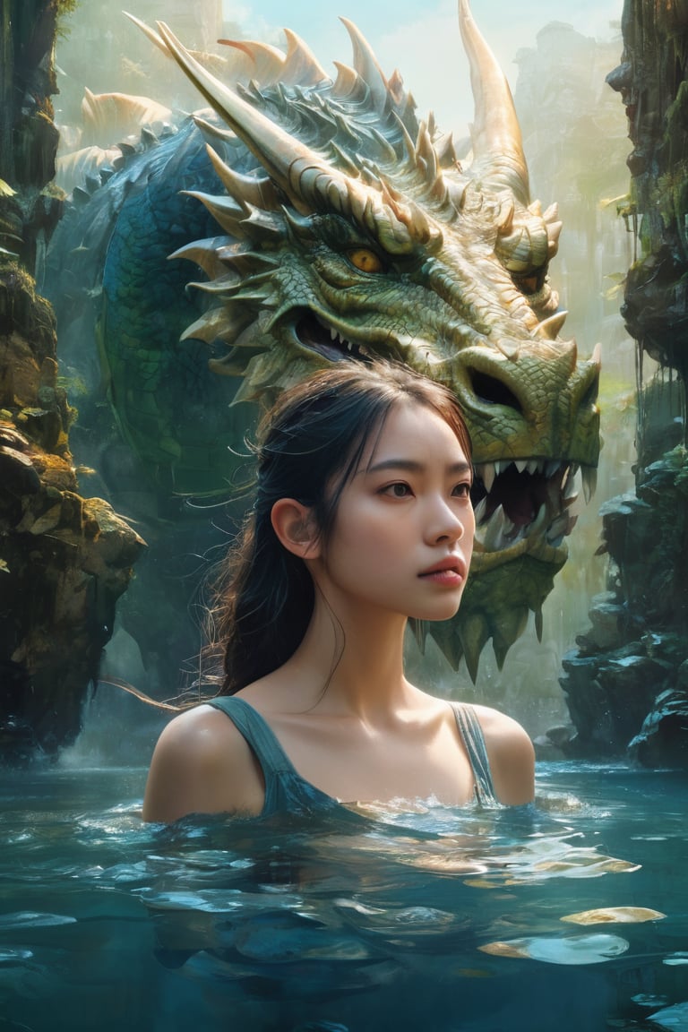 hyperrealistic,  a masterpiece,  a young woman is standing in the water next to a gigantic dragon head by AdonisKobi on Te...