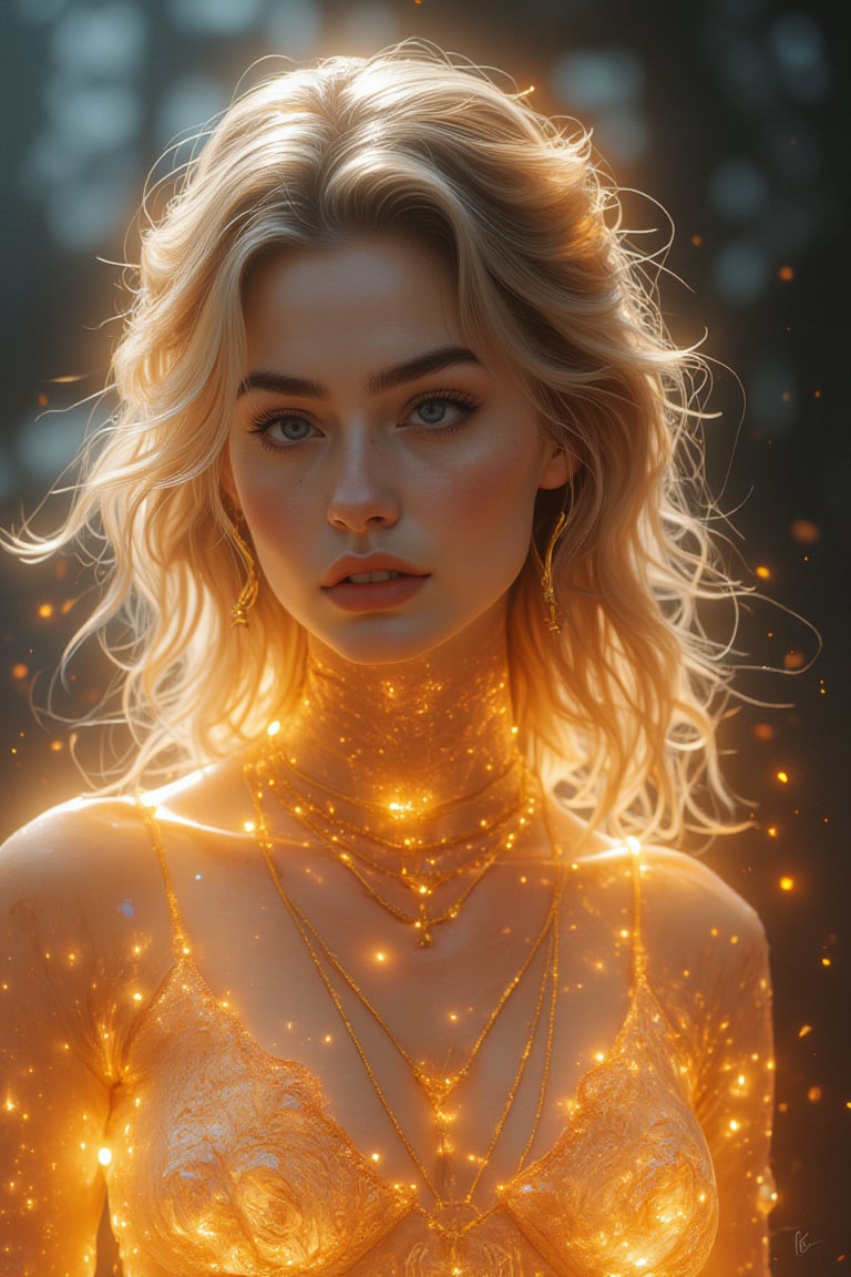 ,l(masterpiece, best quality, official art, beauty and aesthetics: 1.2), HDR, high contrast, wide angle lens, a A young woman with transparent, crystal-like skin, glowing from a soft golden light, her hair flowing like liquid metal, surrounded by an aura of shimmering particles, High dynamic range, vivid, rich details, clear shadows and highlights, realistic, intense, enhanced contrast, highly detailed, long shot scenic professional photograph, perfect viewpoint, highly detailed, hyper realistic, with dramatic sky, polarizing filter, natural lighting, vivid colors, everything in sharp focus,Fantasy detailers 