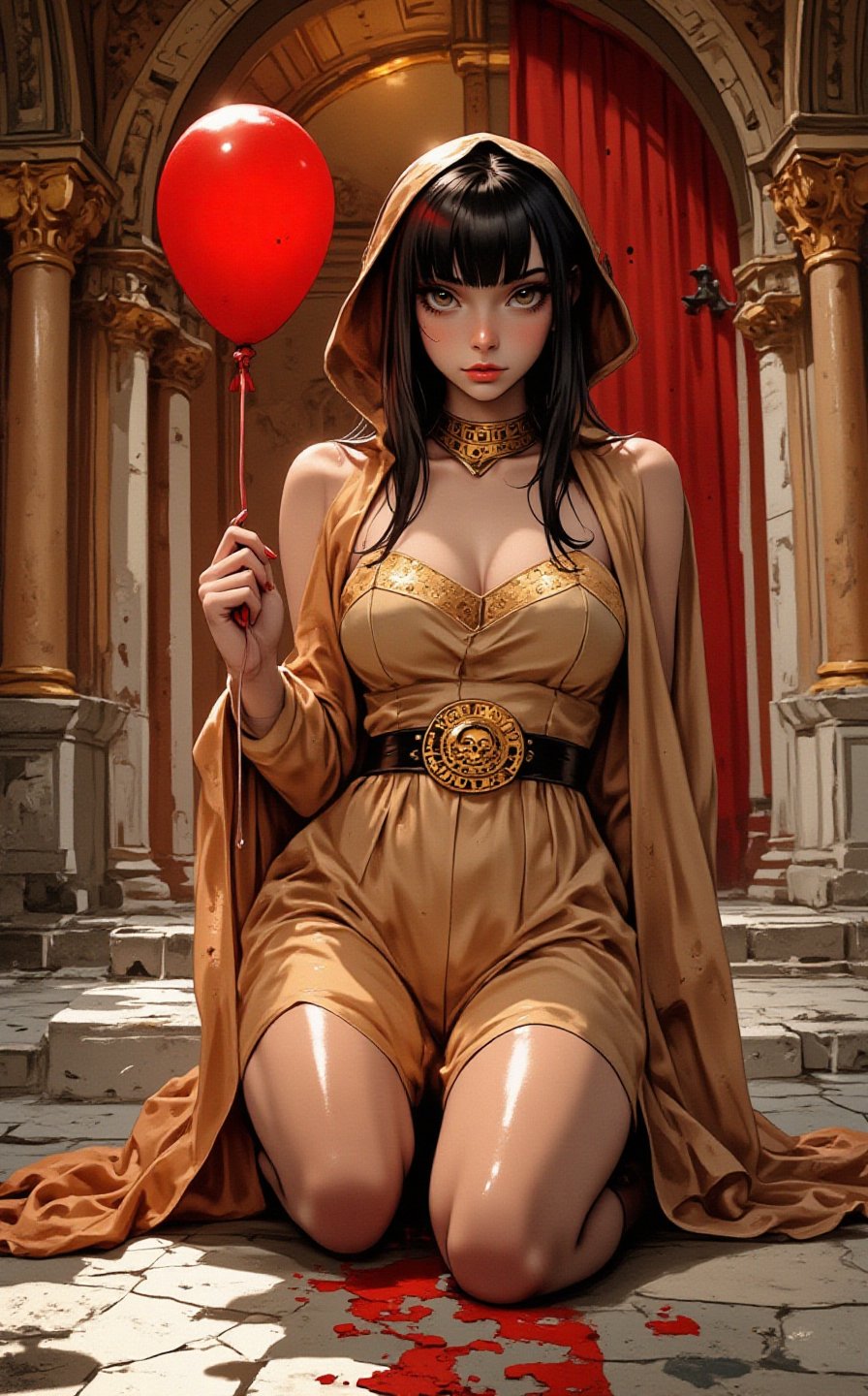 Ghibli studio anime style. A young woman draped in a transparent flowing cloak with a hood, kneel down on one knee in an opulent, architecturally detailed setting. She wears a golden choker and a matching bralette, with a golden belt adorned with intricate designs. The background features a grand archway, illuminated with a warm, golden light, revealing ornate pillars and decorative elements. The atmosphere exudes a sense of mystery and elegance.,“Photo of a wall in the city. On the wall  we see detailed graffiti with a girl holing a red balloon in the style of Banksy, the graffiti text reads "DREAM DIFFUSION FLUX".”