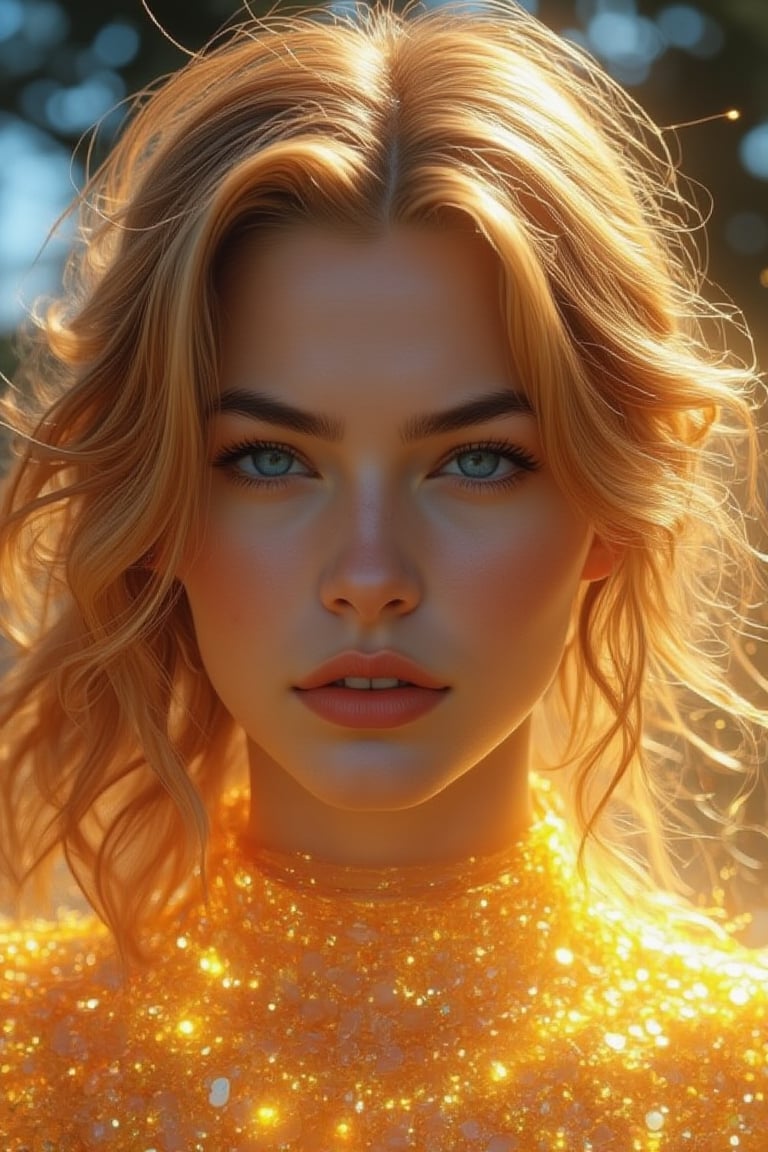 ,l(masterpiece, best quality, official art, beauty and aesthetics: 1.2), HDR, high contrast, wide angle lens, a A young woman with transparent, crystal-like skin, glowing from a soft golden light, her hair flowing like liquid metal, surrounded by an aura of shimmering particles, High dynamic range, vivid, rich details, clear shadows and highlights, realistic, intense, enhanced contrast, highly detailed, long shot scenic professional photograph, perfect viewpoint, highly detailed, hyper realistic, with dramatic sky, polarizing filter, natural lighting, vivid colors, everything in sharp focus,Fantasy detailers 