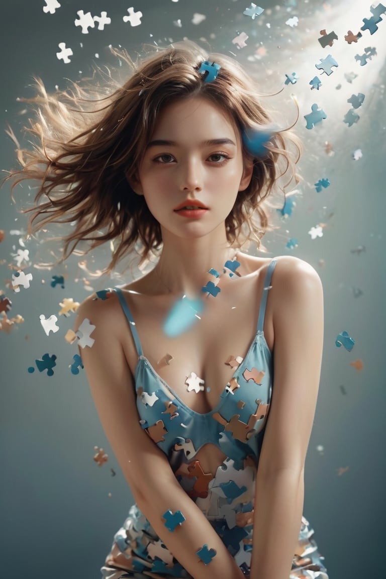 hyperrealistic, best quality, masterpiece, analog film photo, studio lighting. A commercial photography of a hyper-realistic digital artwork featuring a female model composed of puzzle pieces. The right side of her figure is artistically depicted as being blown away, scattering into the air. Her expression is serene, contrasting with the dynamic disassembly of her form. The pieces are finely detailed, each reflecting light uniquely, adding a sense of depth and complexity to the image. The color scheme of the artwork is subtle, with natural tones that emphasize the surreal yet delicate nature of the scene. 