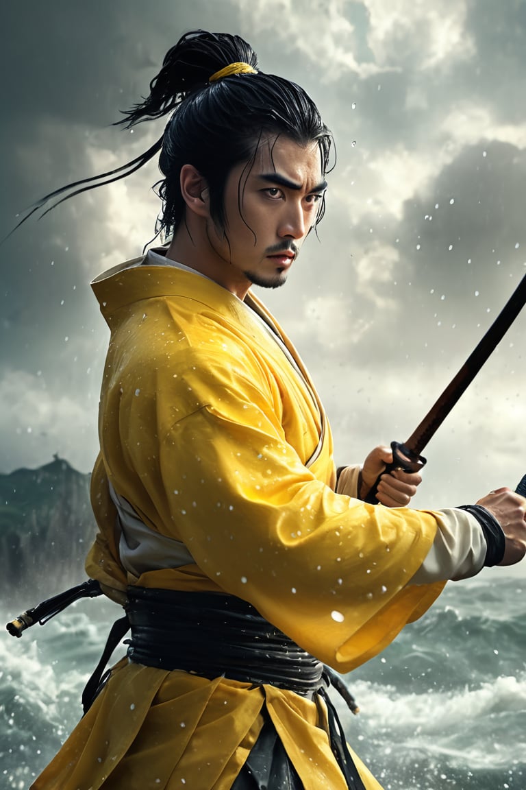 hyperrealistic, a masterpiece. A young samurai assassin in ancient China with black hair and wearing yellow Hanfu is fighting on the sea under heavy rain, right hand raised high to block an attack, water droplets and splashes poised in mid-air, the detailed background features dark clouds and strong winds to create a realistic movie setting.