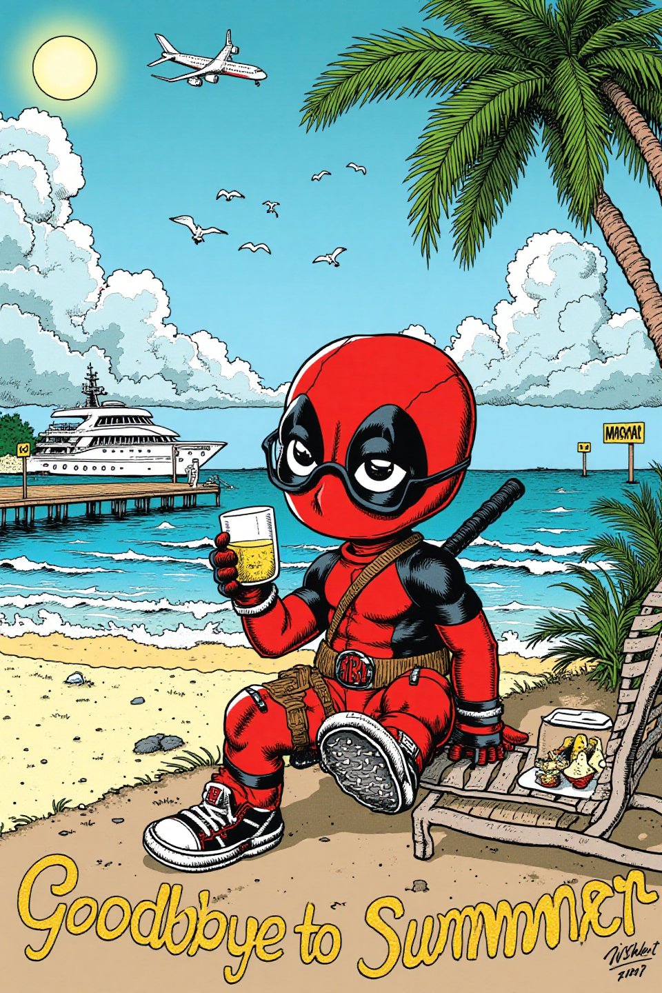 A whimsical and enchanting illustration of chibi deadpool. Deadpool is sitting on the edge of a private and luxurious beach. He is enjoying a glass of fine Scotch whiskey. Deadpool is wearing a pair of Rayban sunglasses, red and black costume with the icon red and black sneakers. luxurious beach setting. The sky is a hypnotic mix of sun and clouds, with a plane flying overhead, a large luxury yacht parked at the pier, and birds flying nearby. The phrase "Goodbye to Summer" is elegantly written in golden cursive letters at the bottom, adding a touch of fashion and elegance to the creative illustration.