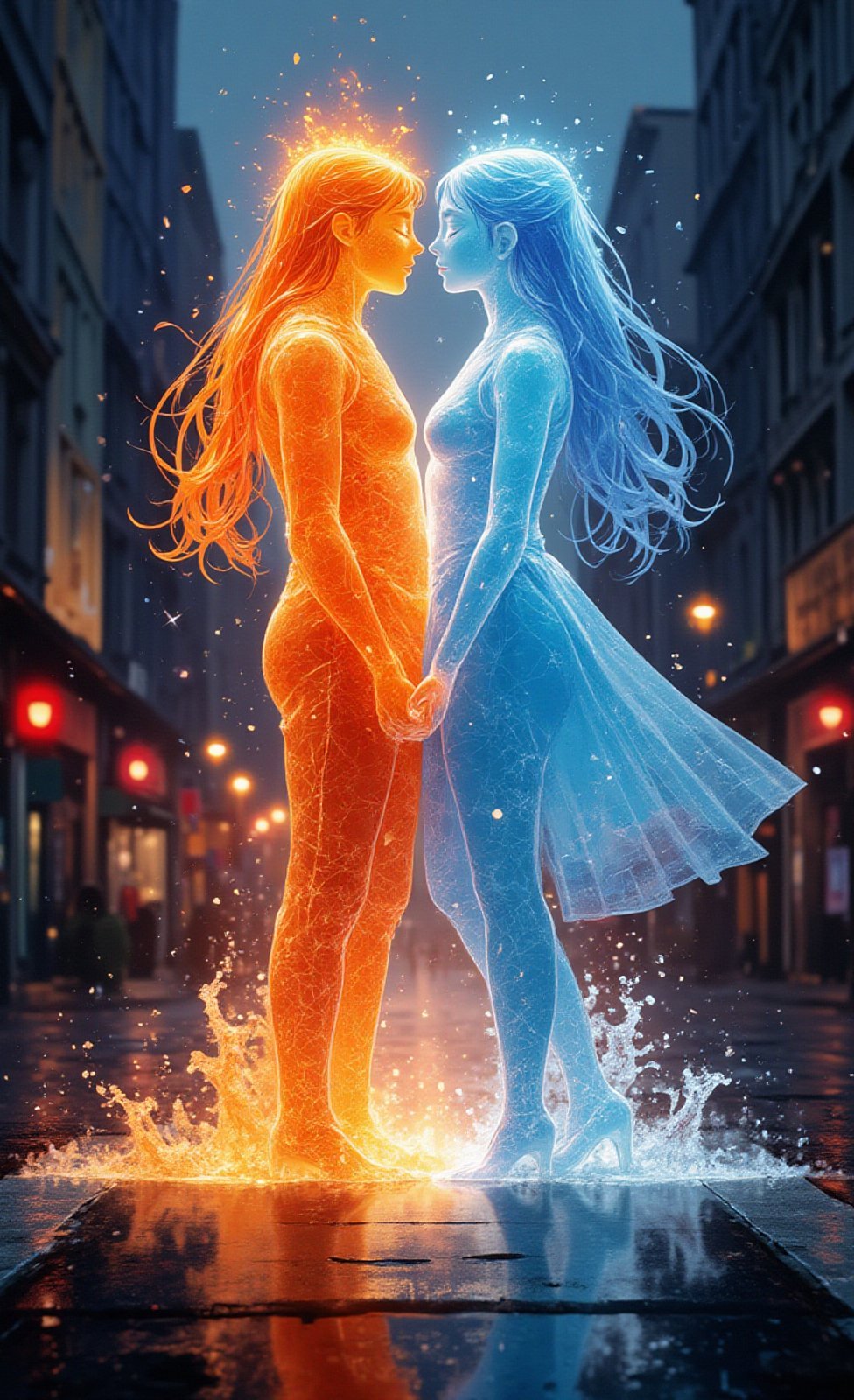 Ghibli studio anime style. A conceptual artwork with an ultra-realistic a
Live-action movie style. A transparent shape resembling the holographic silhouette of a man made out of fire and another shape resembling the silhouette of a woman made out of water. Both shapes embrace in a loving embrace while standing in the middle of a city intersection. They are casting a powerful tricky effect, sparkles and water splashes around. The background is a street in the city center. 8k ultra-high-definition quality.