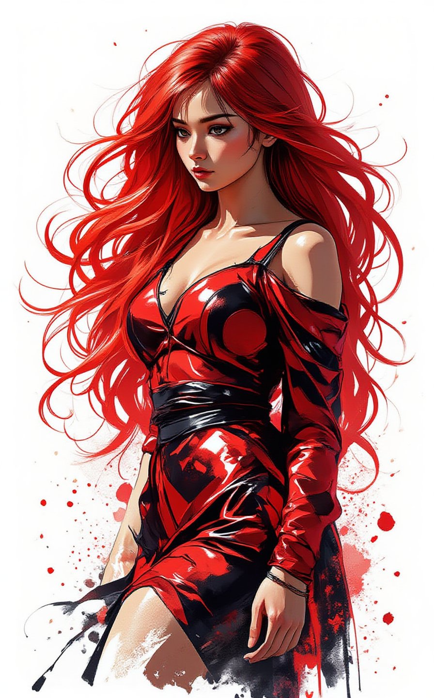 A striking stencil art portrait of a young sexy Asian woman with very long fiery glowing red hair swirling in the wind. She is in a distinctive metallic red dress, featuring a circle pattern and bold stripes. Her intense gaze is directed to the right, lightly downwards, as if contemplating a secret. The stark white background highlights the intricate details of the stencil work, showcasing the artist's skill and precisionm