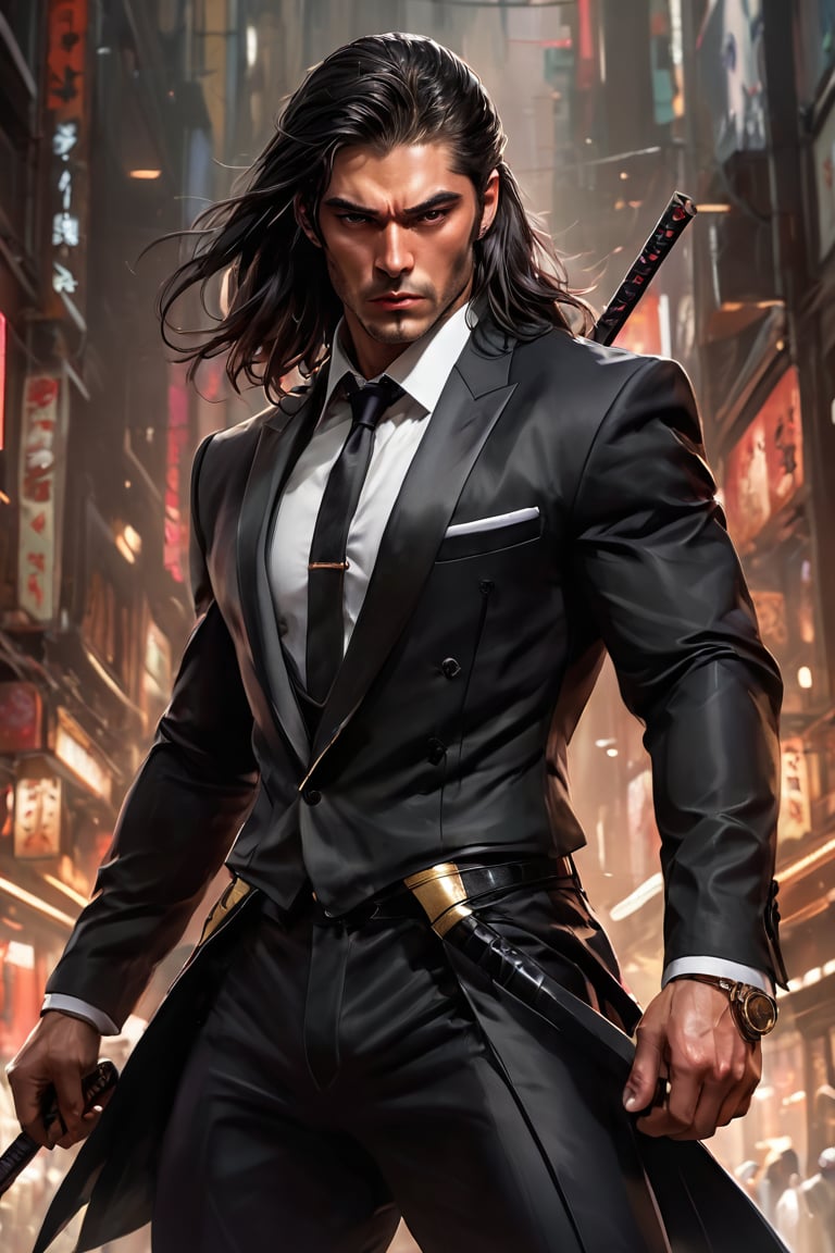 ((masterpiece)), ((best quality)), (((photo Realistic))), (portrait photo), (8k, RAW photo, best quality, masterpiece:1.2), (realistic, photo-realistic:1.3). A striking 8k portrait of a gorgeous handsome man in a black suit, showcasing his toned body and long, dark hair. He has dark, intense eyes and is clean-shaven, with no beard. The man wields a long gleaming katana at dynamic jumping action pose and is adorned in intricate, maximalist attire. The background is a blend of dark and light tones, with a nod to anime-inspired elements. This stunning artwork is trending on ArtStation and is a masterpiece by the talented artist, Artgerm.