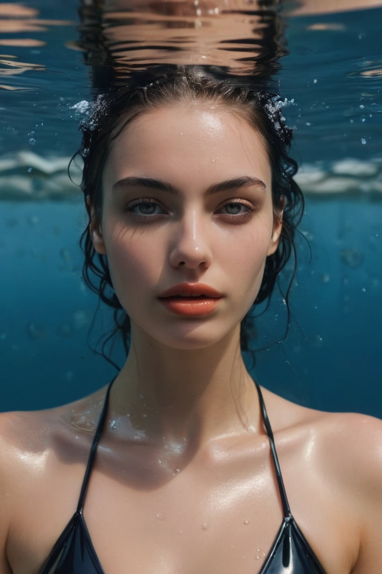 A young woman submerged in water, with her eyes closed and her hands gently placed on her face, wearing glossy black latex bikini. The water's surface creates a rippled effect, reflecting the woman's features. Many little bubbles can be seen around her, and her skin and latex clothing appear to be glistening, possibly due to the water's natural properties or the lighting. The background is a deep shade of blue, emphasizing the serene and tranquil atmosphere of the scene.