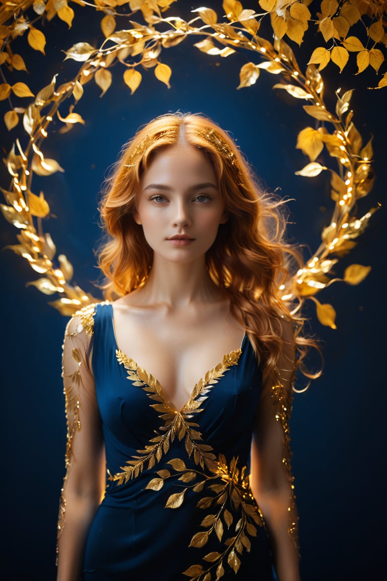 a captivating alluring young woman stands against a dark blue background, surrounded by a halo of golden light. Instead of a conventional dress, the woman appears to be wrapped in a cascade of gold leaves that flow elegantly around her figure. Her copper hair is intertwined with the golden leaves, creating an image of natural beauty and serenity. The combination of deep blue tones and golden glow creates an atmosphere of warmth and majesty. ,fire element,xxmix_girl,neon photography style,glowing,glowing-neon-colour-clothing