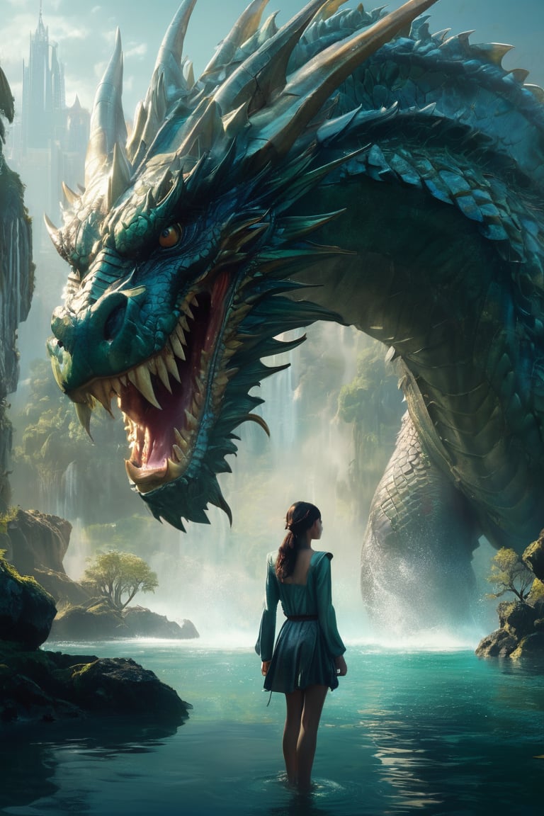 hyperrealistic,  a masterpiece,  a young woman is standing in the water next to a gigantic dragon head by AdonisKobi on Te...