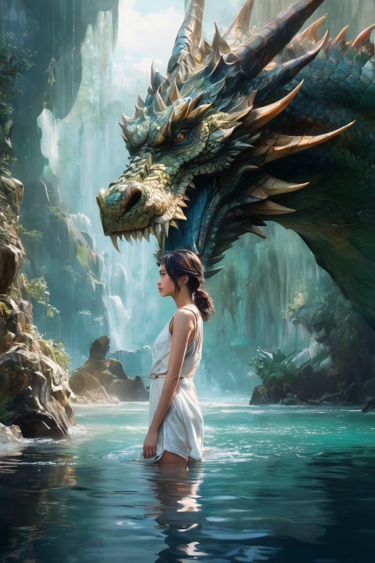 hyperrealistic,  a masterpiece,  a young woman is standing in the water next to a gigantic dragon head by AdonisKobi on Te...