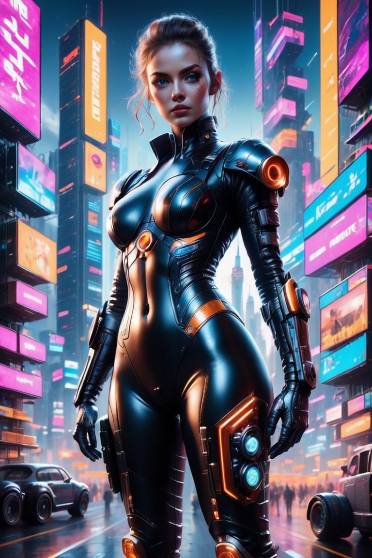 full body:1.2, ((masterpiece)), ((best quality)), (((photo Realistic))), A striking portrait of a young svelte woman standing against a glowing background adorned with futuristic gleaming gadgets. A stunning, ultra-high-definition movie poster for the action-packed film 'Is Gaming'. A fierce female protagonist is front and center, dressed in a tight, black leather outfit, complete with gloves and boots. Her hair is tied back, and she wears a face mask that covers her eyes. She holds a remote control in one hand and a large pistol in the other. The background features a futuristic, neon-lit cityscape with skyscrapers and a holographic advertisement of the game. The overall atmosphere is intense and electrifying., poster,glitter