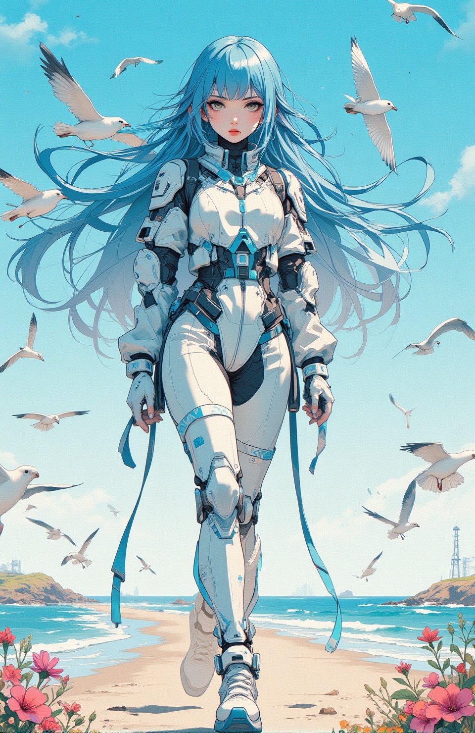 Kyoto animation anime style. Amasterpiece illustration captures a young girl with long loose blue hair spreading in the ai...