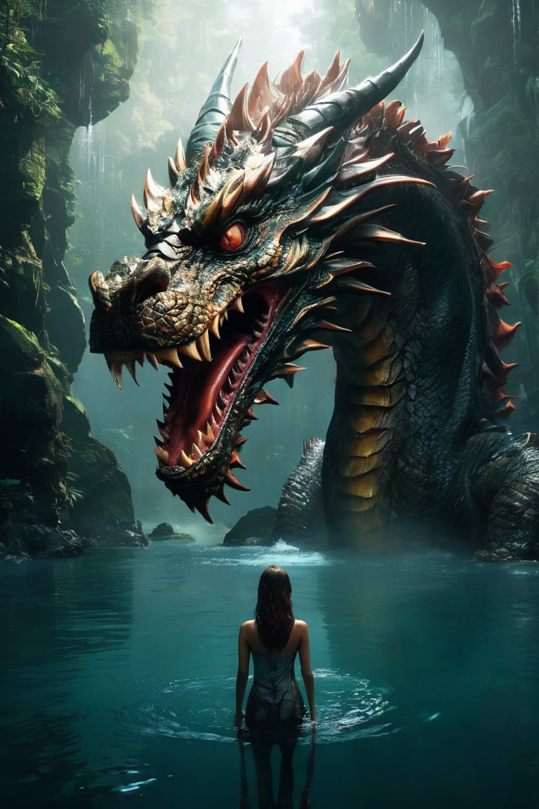 hyperrealistic,  a masterpiece,  a young woman is standing in the water next to a gigantic dragon head by AdonisKobi on Te...