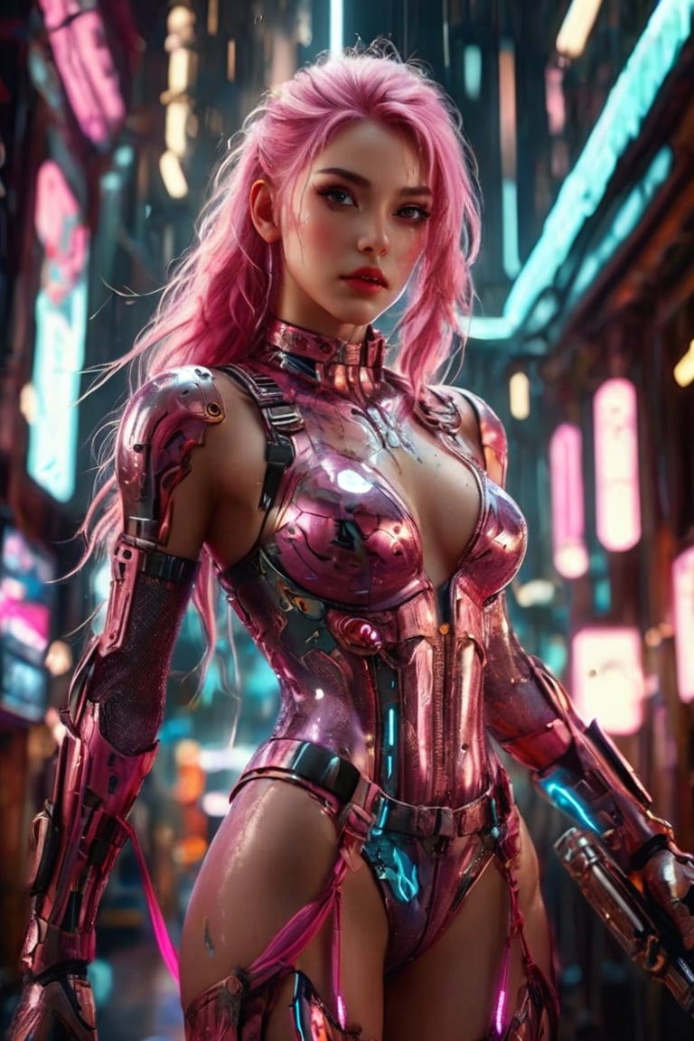 A gorgeous cyborg girl in pink platinum combat armor, long pink hair braid, vibrant colors of lightning surround her, full body casting powerful tricky effect, cyberpunk style, sexy lingerie, futuristic scene, high-tech, sci-fi, flirting, kinky, attractive, portrait, looking at viewer, portrait, photography, detailed skin, realistic, photo-realistic, 8k, highly detailed, full length frame, High detail RAW color art, diffused soft lighting, shallow depth of field, sharp focus, hyperrealism, cinematic lighting, 