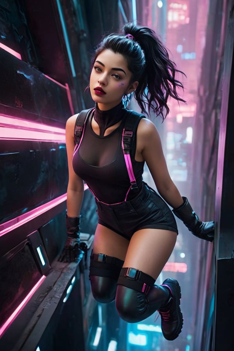 Cinematic, dramatic high-angle photograph looking down from above as Alex, a 19-year-old dark-haired young woman, as she dynamically climbs up the wall of a futuristic megacorp's headquarters. She is clad in dark lipstick, a tight pink top, and short overalls, as well as high-tech gloves and kneepads that aid her climb. She sweats from the difficult ascension and the neon-soaked background of a sprawling megalopolis, with its holographic advertisements and massive buildings, conveys the gritty cyberpunk setting.