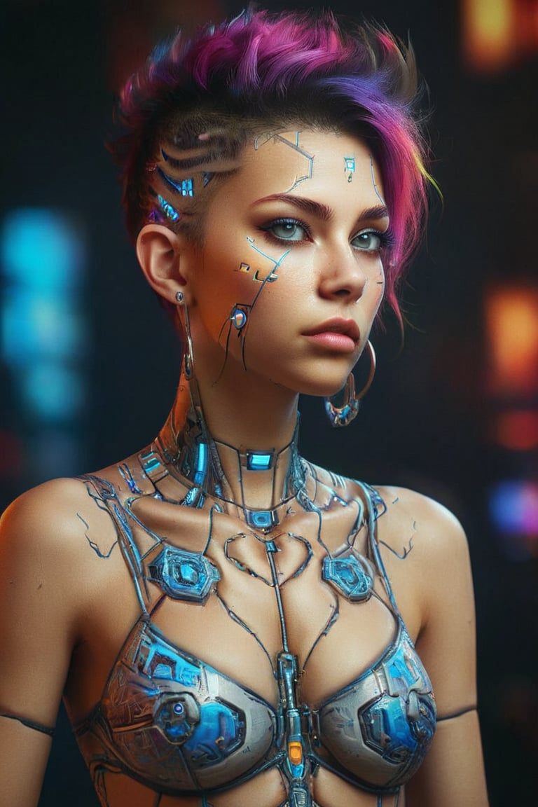 A captivating conceptual art piece featuring a hybrid-colored, futuristic young lady with a wild and alluring style. The gorgeous character is adorned in an intricate and vibrant body art design, which is accentuated by the high-quality 3D render and HDR lighting. The overall aesthetic is a blend of cyberpunk and avant-garde, with a touch of surrealism, creating a striking visual experience.