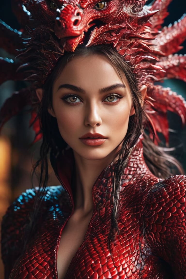 hyperrealistic,  a masterpiece. A captivating alien female draconian shapeshifter is depicted in this vibrant and detailed...