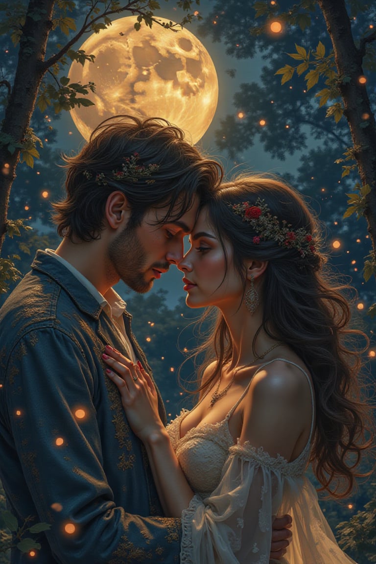 Portrait art, splash art, creative artwork, Eden garden, forbidden love, passionate embrace between two lovers, their bodies intertwined in a beautiful dance of love. The moon's soft glow illuminates their faces, highlighting the intensity of their emotions. Rendered in a dreamy watercolor style, this illustration captures the essence of romance. The intricate details and vibrant colors bring to life the intense emotions of love and union between these two souls. The soft brushstrokes and warm colors convey the depth of their love and tranquility, The image is a stunning painting, rich in colors and meticulous brushstrokes. This portrait showcases lovers with a serene aura,