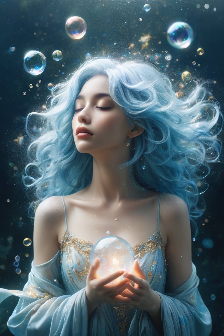 A serene and ethereal female figure with flowing blue hair that merges with the surrounding environment. She has closed her eyes and holds a delicate glowing object near her heart. The background is filled with bubbles, some of which are translucent and others shiny, giving an impression of underwater depth. The color palette is dominated by soft blues, whites, and hints of gold, creating a dreamy and magical atmosphere.