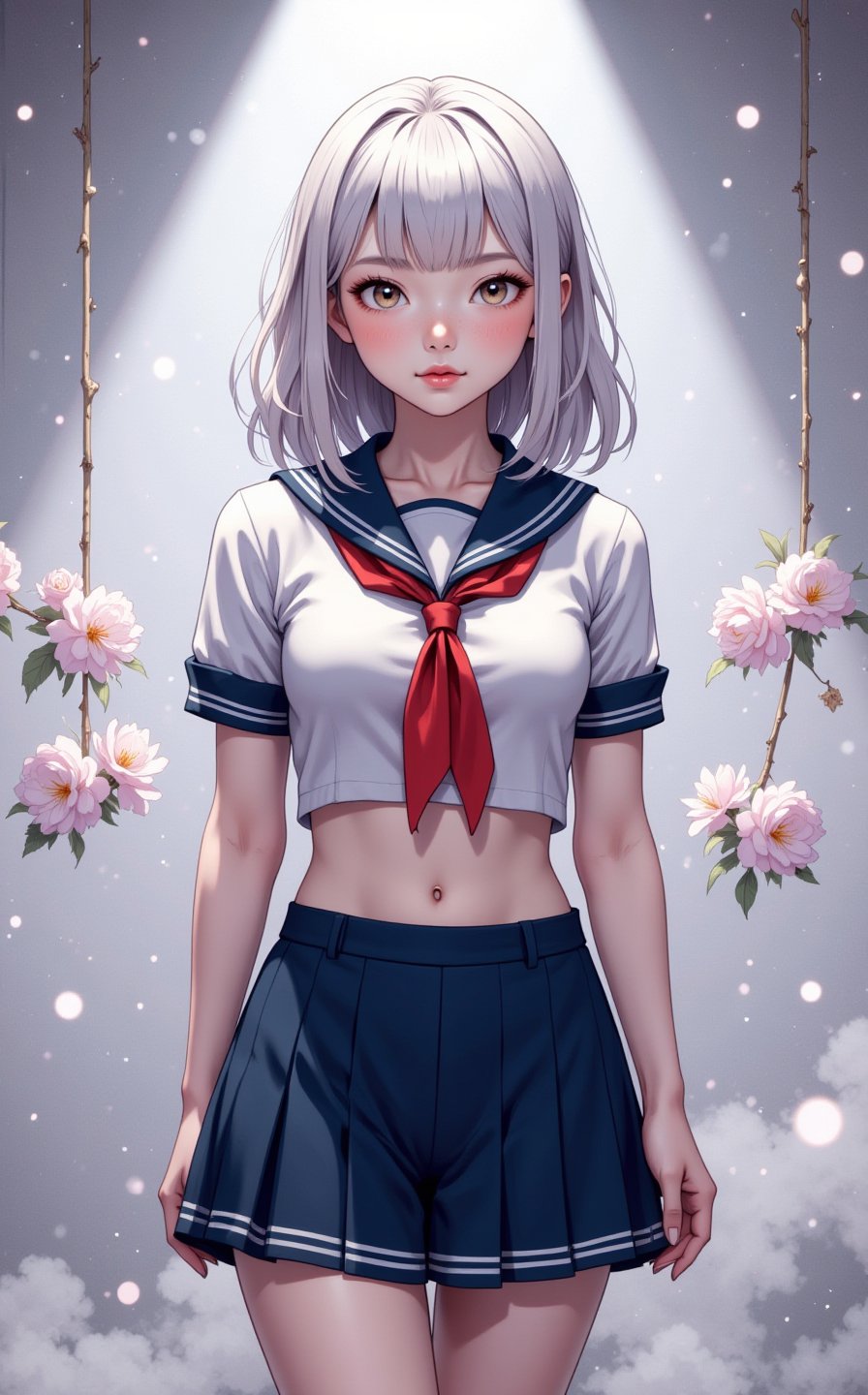 ghibli studio anime style poster, a beautiful young asian girl, beautiful eyes, olive skin, medium length white hair, petite body, sexy toned fit body, wearing tight school girl uniform, showing midriff, perfect face, lightly sparkles smoke background, volumetric fog, Hyperrealism, cinematic lighting, highly detailed, breathtaking, 8k uhd