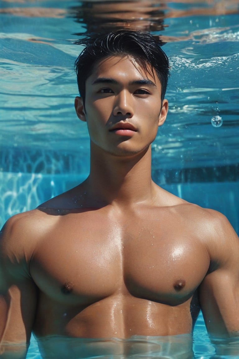 ultra-photorealistic, surreal, (masterpiece). A realistic photo of an attractive tan Korean-Latino fit muscles man, with thick beautiful dark eyebrows, strong facial, he has a short fade haircut, light grey eyes, an adorable man at its center, exiting a magical pool of crystal waters with blue fluorescent liquids. He is wearing tight swimming briefs. Six pack muscles, six-pack strong abs. The image reads a dark and intriguing scene. Sanskrit runes are flowing in the air glowing. Sanskrit scripture tattoos. Short hair, textured wet skin.