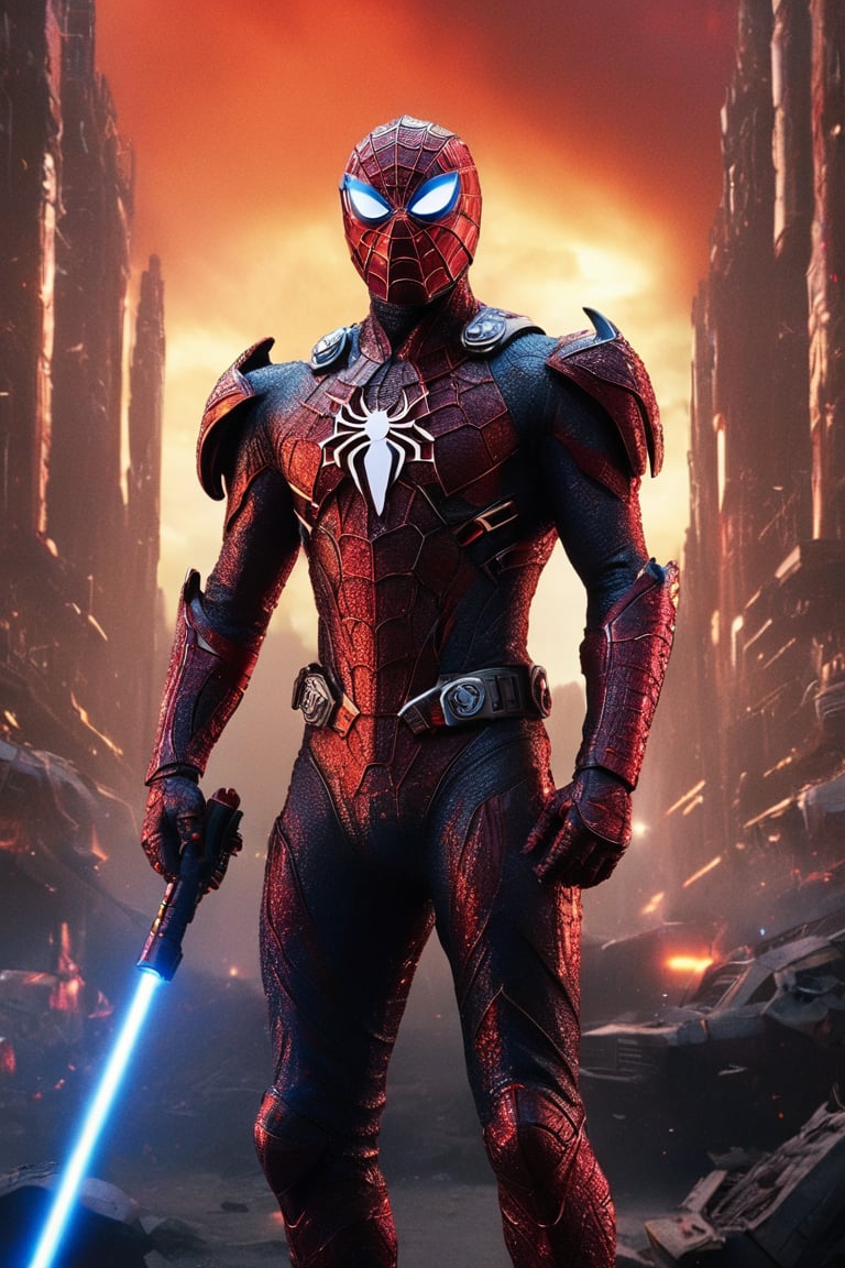 A captivating and powerful movie poster of a dark-armored hero, reminiscent of a futuristic ypung Spider-Man, standing against a dramatic, cloudy, and fiery sky. The gorgeous powerful hero, with glowing eyes and a chest emblem, wears a sleek, advanced neon armor adorned with sharp, angular designs that highlight the sci-fi aesthetic. Wielding a vibrant red lightsaber, the unique hero seamlessly blends science fiction and fantasy in this intense and action-packed scene. The background showcases a dystopian world with war machinery, including a car and plane, engulfed in flames. Hans Darias AI has masterfully crafted this visually striking masterpiece, encapsulating the essence of heroism and power in a chaotic, post-apocalyptic landscape.,Movie Still,LegendDarkFantasy,ruanyi0141,Expressiveh,neon,concept art,cinematic style,FilmGirl