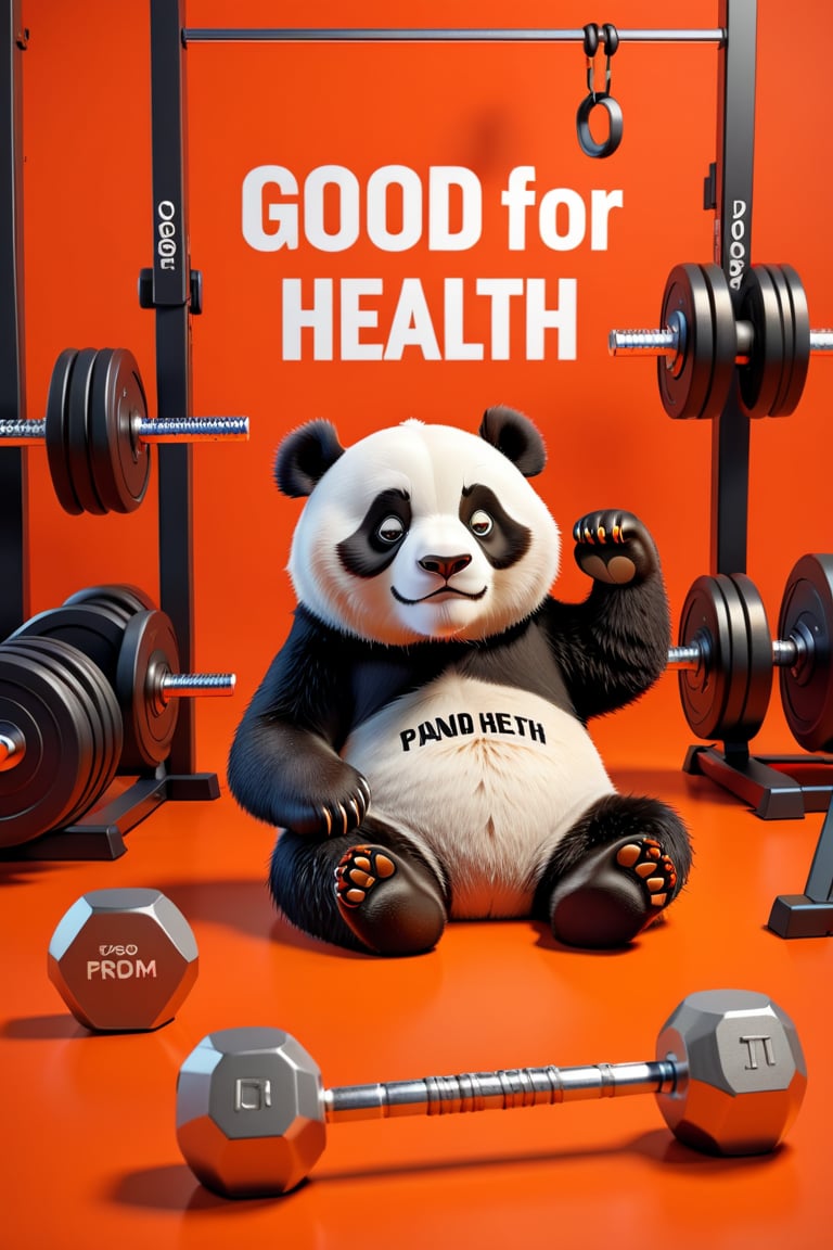 A 3D render of a cartoon style panda exhausted lying down on a orange red background with the text "Good for your health"  in bold white Hindi text. The panda is inside a gym, surrounded by gym equipment such as dumbbells , jump ropes, metal racks. The panda is tired and relaxed, emphasizing an exhausted expression. The playful, humorous tone is reinforced by the large text font and the sleepy panda.,3D Render Style