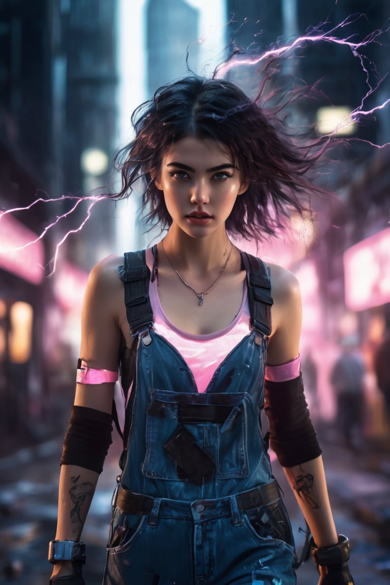 An electrifying low-angle photograph captures the essence of Alex,  a 22-year-old dark-haired tomboy,  as she dynamically...