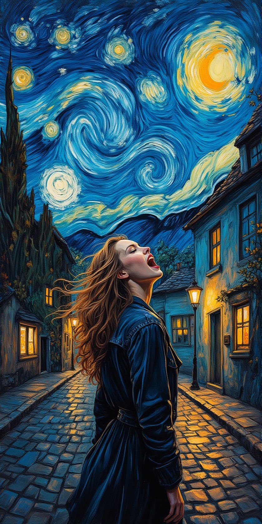 A modern fusion art masterpiece. A medium shot of a screaming woman in the center. A nighttime scene of an old town the cobblestone street. The sky above her is painted in swirling patterns reminiscent of Vincent van Gogh's 'Starry Night', with bright yellow stars and swirling blues. The town buildings, with their pointed rooftops, are illuminated from within, casting a warm glow on the cobblestone streets.