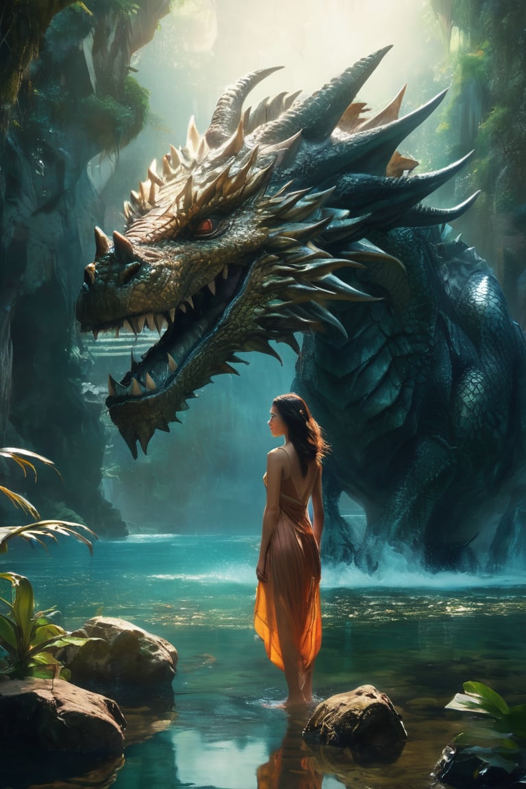 hyperrealistic,  a masterpiece,  a young woman is standing in the water next to a gigantic dragon head by AdonisKobi on Te...