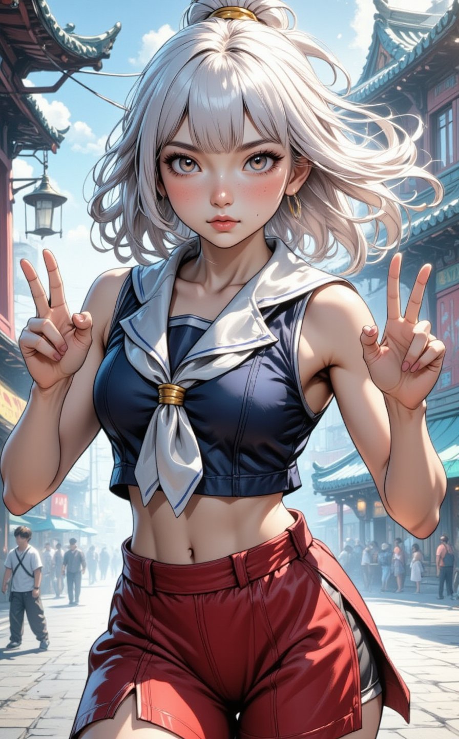 ghibli studio anime style poster, a beautiful young asian girl as a brand new street fighter, dynamic kicking high fighting pose, beautiful eyes, olive skin, medium length white hair, petite body, sexy toned fit body, wearing tight school girl uniform, showing midriff, perfect face, lightly sparkles smoke background, volumetric fog, Hyperrealism, cinematic lighting, highly detailed, breathtaking, 8k uhd