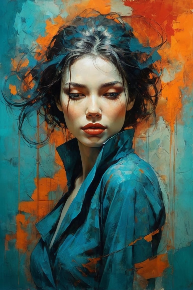 a mesmerizin stylized painting on torn paper. A blue colored woman with closed eyes,  in the style of Jarek Kubicki,  agai...