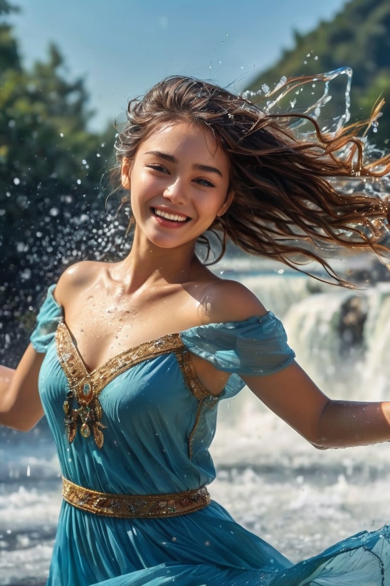 ((masterpiece)), ((best quality)), (((photo Realistic))), (portrait photo), (8k, RAW photo, best quality, masterpiece:1.2), (realistic, photo-realistic:1.3). medium close-up shot of a cheerful beautiful girl, dancing with watering dress, drkms, on thin Ice, drkms, water-bender, splashes, charybdis, sharp focus, intricate detail, kris kuksi,natural beauty 